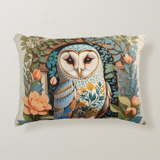 Vintage Floral Patterned Barn Owl Accent Pillow (Front)