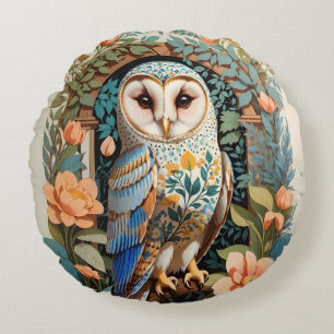 Vintage Floral Patterned Barn Owl Round Pillow
