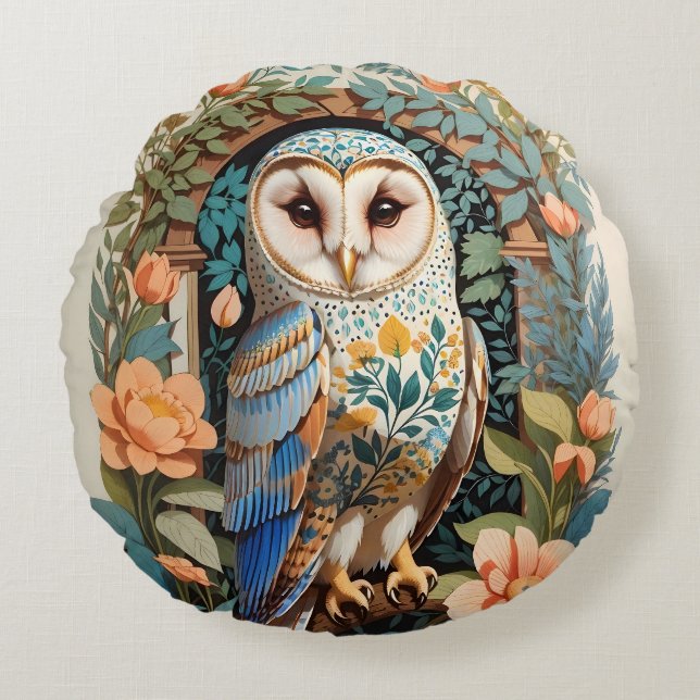 Vintage Floral Patterned Barn Owl Round Pillow (Front)