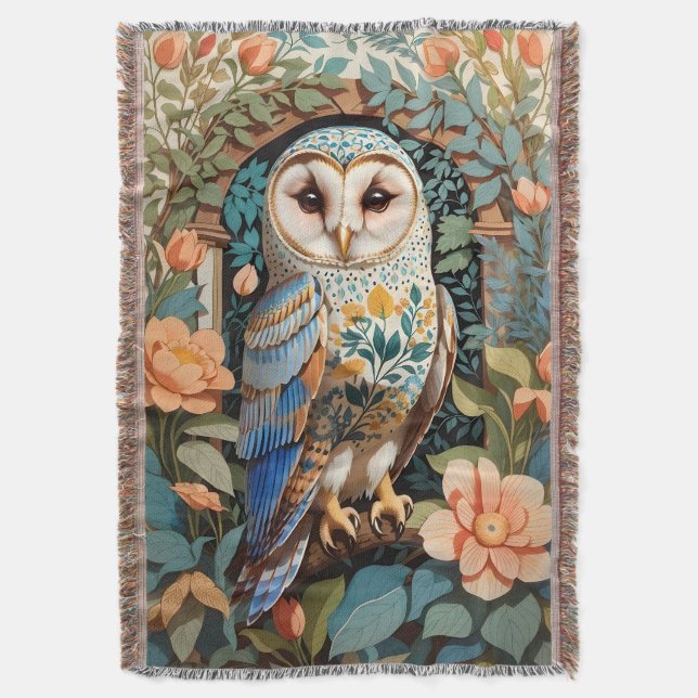 Vintage Floral Patterned Barn Owl Throw Blanket (Front Vertical)