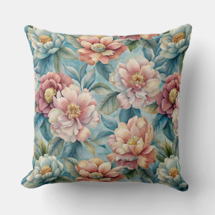 Vintage Floral Peach and Pink Patel Blue  Throw Pillow