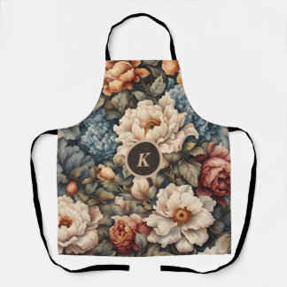 Vintage Floral Peonies and Roses Monogram Apron