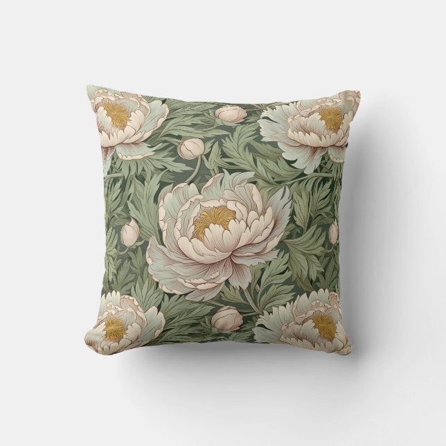 Vintage Floral Peony Patterned Throw Pillow (Front)
