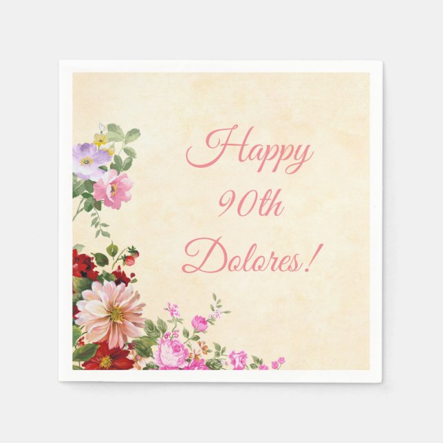 Vintage Floral Personalized 90th Birthday Napkin (Front)