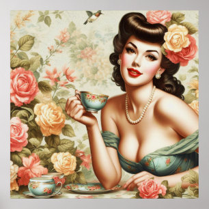 Vintage Floral Pin Up Poster