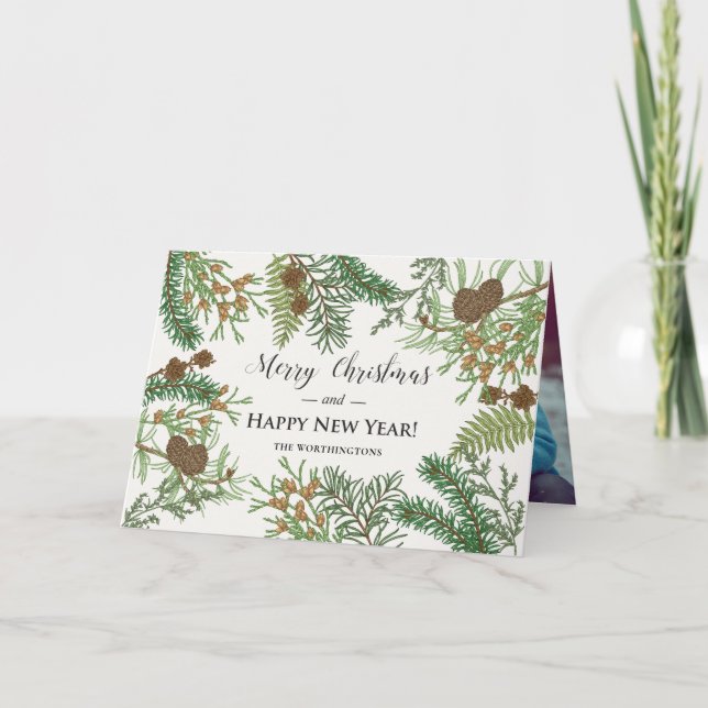 Vintage Floral Pines Holiday Card (Front)