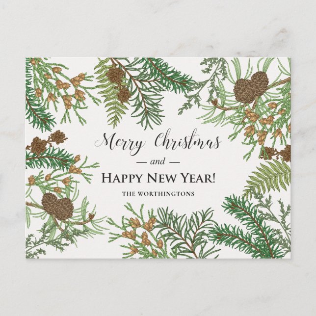 Vintage Floral Pines Holiday Postcard (Front)