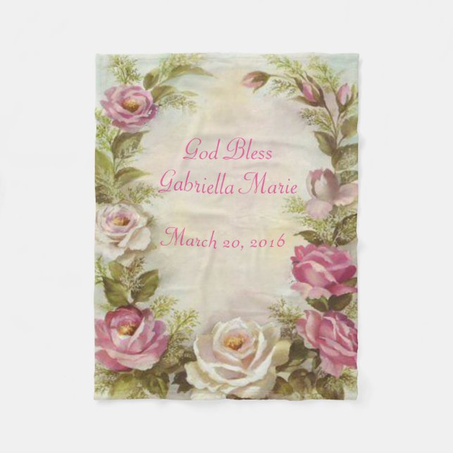 Vintage Floral Pink and White Rose Spray Fleece Blanket (Front)