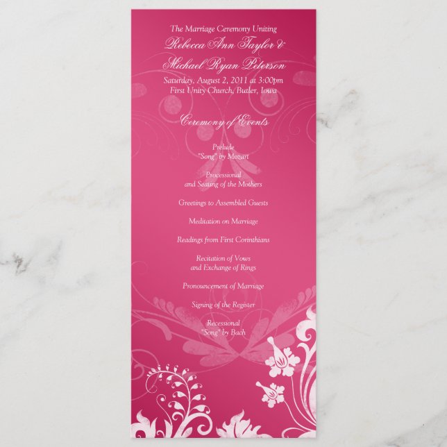 Vintage Floral Pink and White Wedding Program (Front)