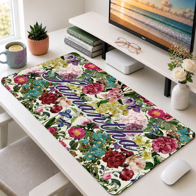 Vintage Floral Pink Beige Monogram  Desk Mat (Creator Uploaded)