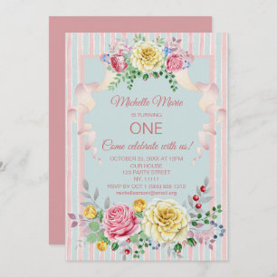 Vintage Floral Pink Blue First Birthday Invitation