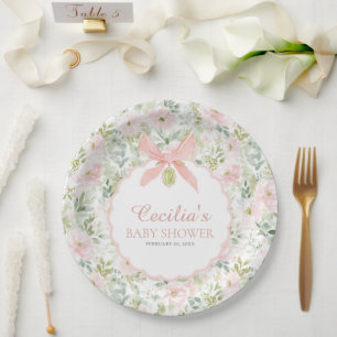 Vintage Floral Pink Bow Girl Baby Shower Paper Plate
