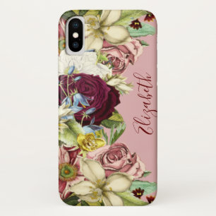 Vintage Floral Pink Burgundy Name Case-Mate iPhone Case