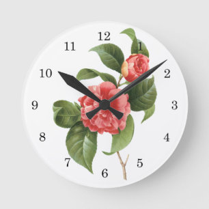 Vintage Floral, Pink Camellia Flowers by Redoute Round Clock