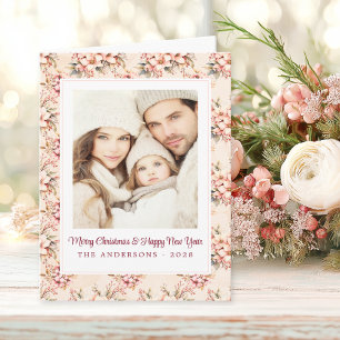 Vintage Floral Pink Christmas Customizable Card