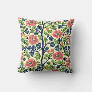 Vintage Floral Pink Flowers Lush Green Foliage Throw Pillow