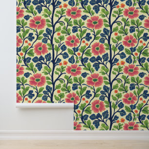 Vintage Floral Pink Flowers Lush Green Foliage Wallpaper