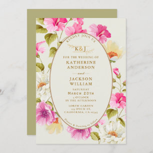 Vintage floral Pink flowers rose gold Wedding Invitation
