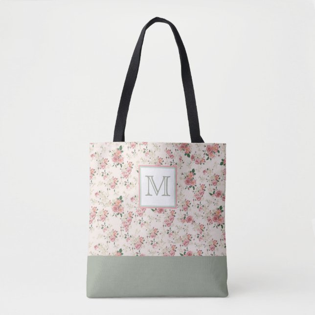 Vintage Floral Pink Green Monogram Tote Bag (Front)