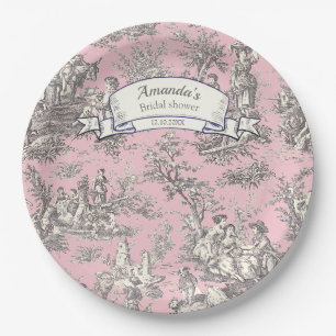 Vintage floral pink grey toile de jouy  paper plate