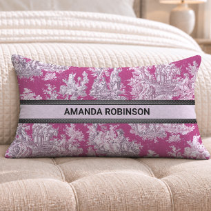 Vintage floral pink magenta toile de jouy monogram lumbar pillow