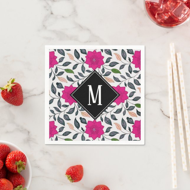 Vintage Floral Pink Poppy Pattern Monogram Napkin (Insitu)