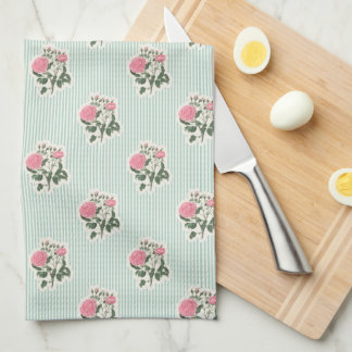 Vintage Floral Pink Roses Green Striped Kitchen Towel
