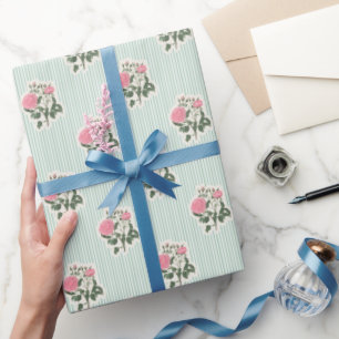 Vintage Floral Pink Roses Green Stripes Pattern Wrapping Paper