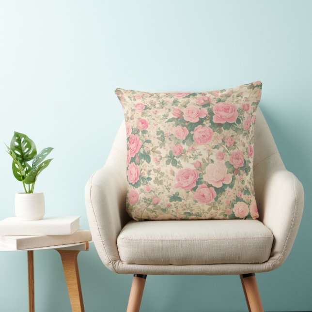 Vintage Floral - Pink Roses Pattern Throw Pillow (Chair)