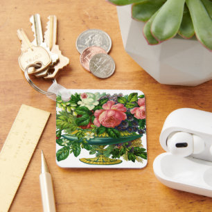 Vintage Floral Pink Roses, Vase of Flowers Keychain
