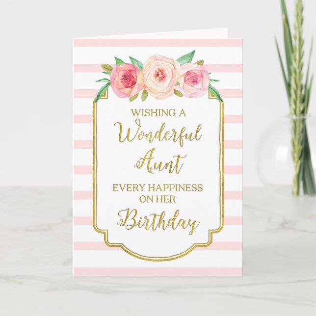Vintage Floral Pink Stripes Aunt Birthday Card (Front)