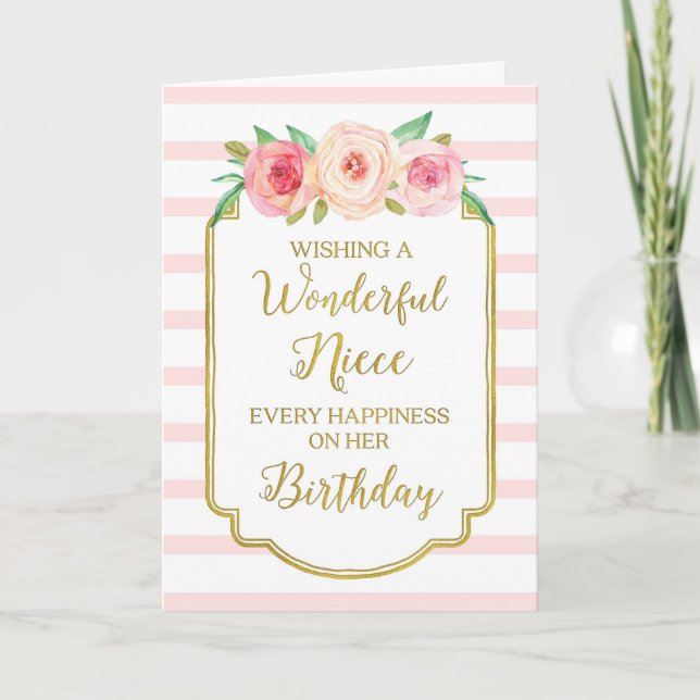 Vintage Floral Pink Stripes Niece Birthday Card (Front)