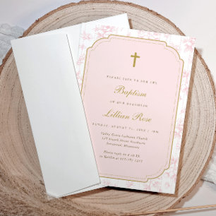 Vintage Floral Pink Toile Girl Baptism Invitation