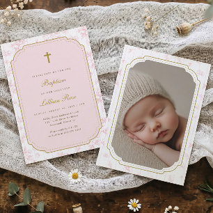Vintage Floral Pink Toile Girl Photo Baptism Invitation