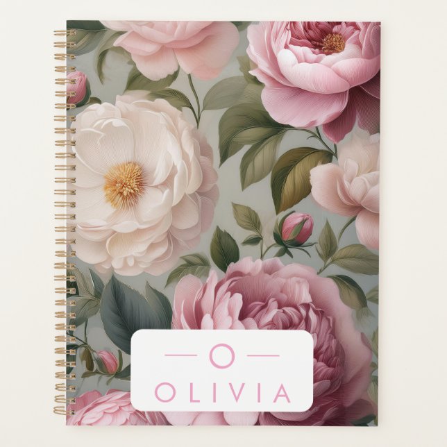 Vintage Floral Planner avec nom et monogramme (Devant)