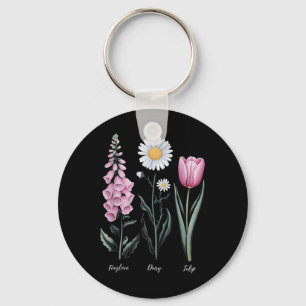 Vintage Floral Plant Foxglove Daisy Tulip Flower G Keychain