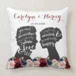Vintage Floral Pride Prejudice Wedding Gift Throw Pillow<br><div class="desc">MODERN MEETS VINTAGE - Perfect gift idea for newlyweds! This beautiful cushion features hand painted watercolor floral in burgundy, navy and blush elegantly combined with vintage silhouettes of Elizabeth Bennet and Mr Darcy, two of the most beloved and iconic characters in English literature, from the romantic novel "Pride and Prejudice"...</div>