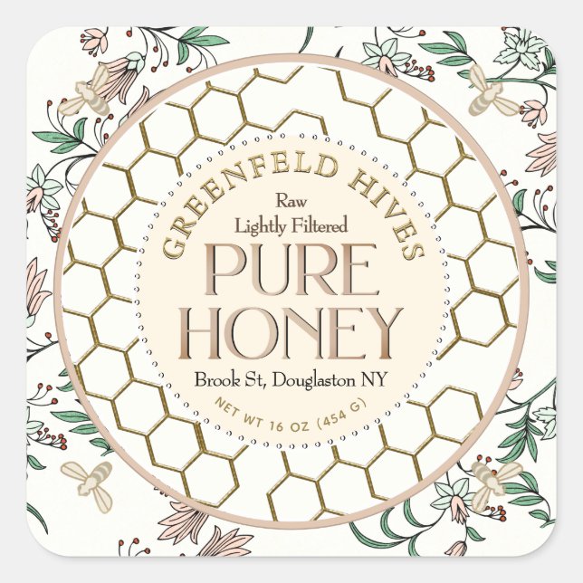 Vintage Floral Print Bees Honeycomb Raw Honey Square Sticker (Front)