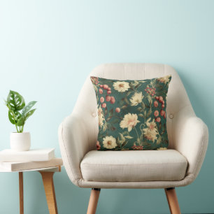 Vintage Floral Print on Green Throw Pillow