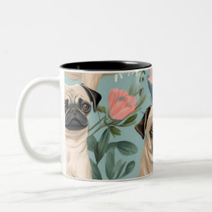 Vintage Floral Pug Pattern Cute Botanical Dog Two-Tone Coffee Mug