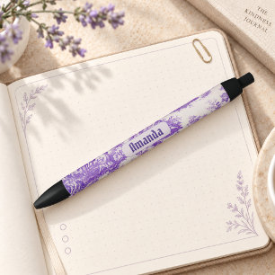 Vintage floral purple toile de jouy monogram black ink pen
