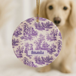 Vintage floral purple toile de jouy monogram ceramic ornament