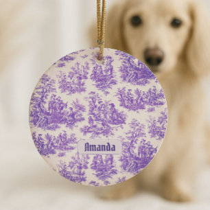 Vintage floral purple toile de jouy monogram ceramic ornament