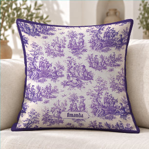 Vintage floral purple toile de jouy monogram throw pillow