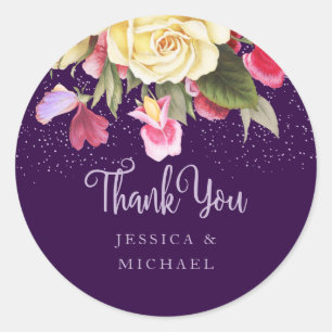 Vintage Floral Purple Yellow Wedding Thank You Classic Round Sticker