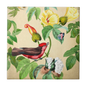 Vintage Floral Red Bird Backsplash  Tile