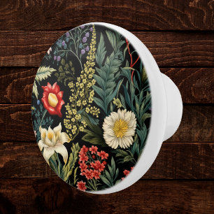 Vintage Floral Red Dahlia White Lilies Boho Ceramic Knob