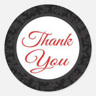 Vintage Floral Red Thank You Grey And Black Damask Classic Round Sticker