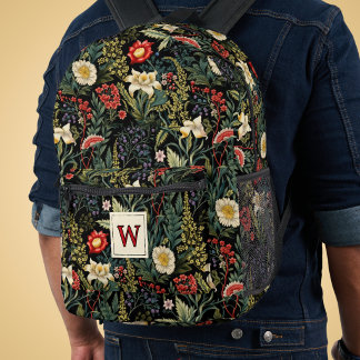 Vintage Floral Red White Green Lilies Monogram Printed Backpack