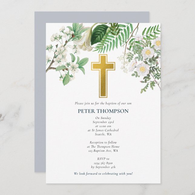 Vintage Floral Religious Gold Cross Baptism Invitation (Front/Back)